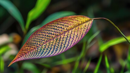 Poster - Colorful tropical leaf with vibrant patterns against a blurred green natural background showcasing the beauty of nature's diversity.