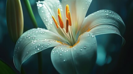 Poster - Close-up of a white lily flower with water droplets on petals showcasing vibrant stamen in a serene natural setting