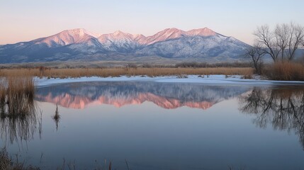 Poster - Serene natural reserve at sunset with snowy peaks reflected in calm water and surrounding reeds creating a tranquil landscape scene