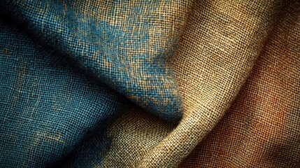 Poster - Colorful textured fabric samples in blue and tan hues arranged in an aesthetically pleasing background design for textile and fashion themes.