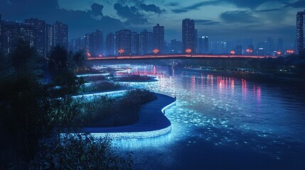 Aufkleber - Enchanting evening river landscape with illuminated waterfront and city skyline under a twilight sky
