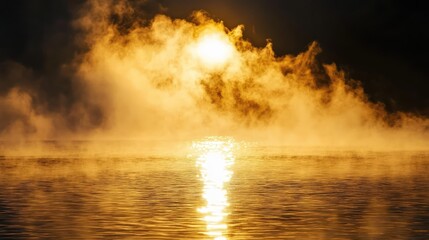 Poster - Serene landscape of illuminated water vapor with a golden sun reflecting on the calm water surface during a stunning natural sunset.