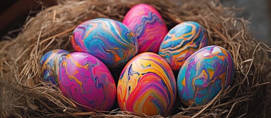 Aufkleber - Vibrant and colorfully decorated Easter eggs nestled in a rustic straw nest showcasing artistic patterns for spring celebrations.