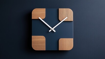 Wall Mural - Modern square wall clock with wooden accents and white hands against a dark background.