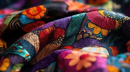 Poster - Vibrant textile close-up showcasing intricate floral patterns in rich colors and textures perfect for fashion and home decor designs