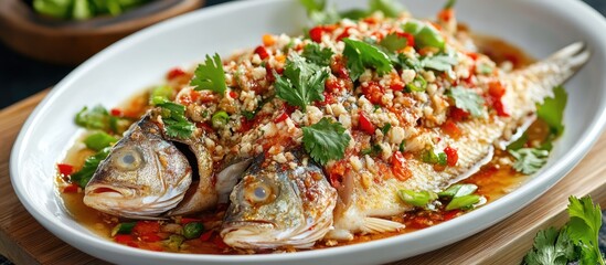 Poster - Minced steamed fish salad garnished with herbs and spices served on a white platter for a vibrant culinary presentation