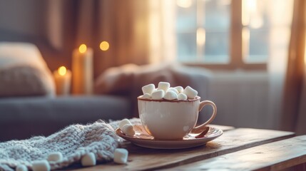 Poster - Cozy Hot Chocolate with Marshmallows on a Wooden Table by Bright Window in a Warm Interior Setting