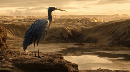 Poster - majestic crane standing by a serene water body amidst a golden-hued landscape at sunset showcasing n