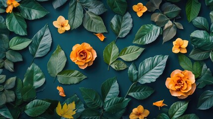 Poster - Nature flat lay with vibrant orange roses and green leaves creating a fresh floral arrangement on a dark background