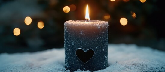 Aufkleber - Warm Christmas candle surrounded by snow with festive decorations and soft bokeh lights creating a cozy holiday atmosphere.