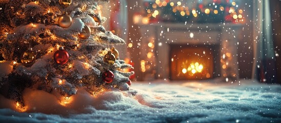 Aufkleber - Christmas Morning Scene with Snowy Tree and Cozy Fireplace Lights in a Warm Holiday Atmosphere