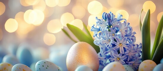 Poster - Spring flowers with hyacinths and colorful Easter eggs on a soft bokeh background for festive decoration and holiday celebration concepts.