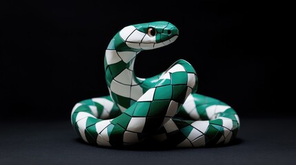 Poster - Green and white geometric patterned toy snake coiled on a black background emphasizing unique design and vivid colors for artistic representation