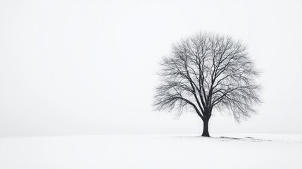 Poster - lonely bare tree silhouette in serene white landscape minimalistic winter scene