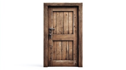 Poster - Vintage wooden door closed against a white background showcasing rustic design and texture suitable for various themed projects and concepts