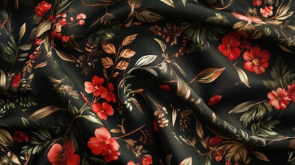 Poster - Elegant floral pattern on dark fabric ideal for advertisements, product designs, or stylish background illustrations.