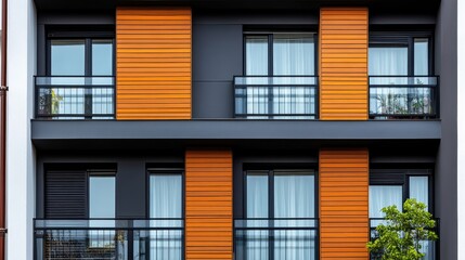 Poster - Modern architectural facade featuring orange wooden accents and balconies framed by large windows and clean lines.