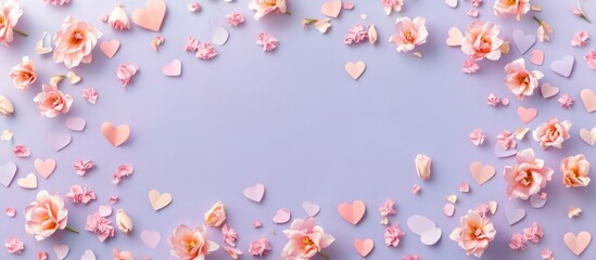 Poster - Mother's Day gift inspiration with pink flowers and hearts on a pastel purple background featuring an empty frame for messaging or ads