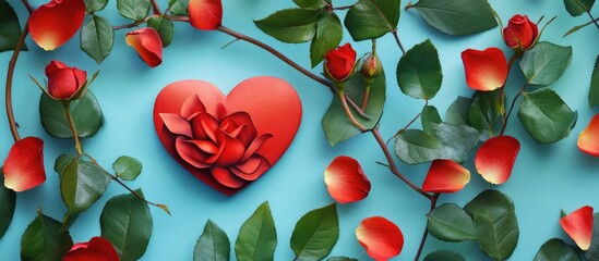 Poster - Red heart surrounded by rose petals and green leaves on a blue background perfect for greeting card designs and romantic themes.