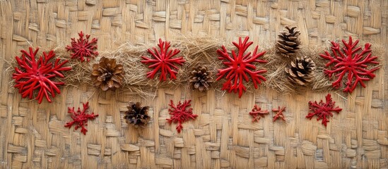 Poster - Handmade label on woven straw background adorned with red snowflakes and pinecones for festive decor