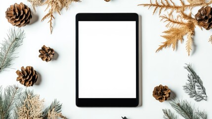 Poster - Digital tablet mockup surrounded by rustic decorations for app presentation on a white background perfect for ecommerce and design concepts
