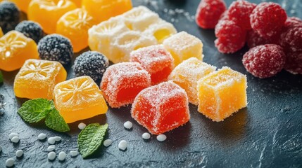 Poster - Colorful marmalade sweets arranged on a dark slate surface with fresh mint leaves and scattered sugar for a vibrant dessert presentation.