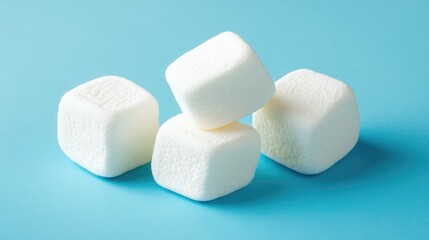 Poster - Freshly arranged square marshmallows stacked on a vibrant blue background creating a playful and inviting confectionery atmosphere.