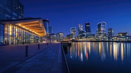 Poster - Night view of illuminated modern skyscrapers reflecting on waterfront with vibrant city lights and clear blue sky