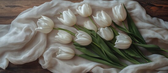 Poster - Elegant white tulips arranged on soft fabric with rustic wooden table in a spring flat lay celebrating Easter and the arrival of springtime.
