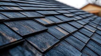 Poster - Wooden timber beams and shingles on an industrial roof showcasing craftsmanship and architectural details in a close-up view