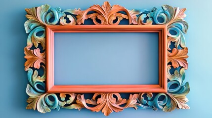 Aufkleber - Decorative carved picture frame in vibrant colors set against a modern light blue wall for interior design inspiration