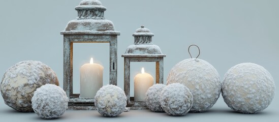 Aufkleber - Decorative lanterns and snow-covered balls creating a cozy winter ambiance with candles glowing in a serene snowy setting