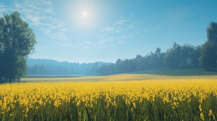 Aufkleber - Vibrant golden cereal field under a clear blue sky with sunlight casting a warm glow and lush greenery in the background