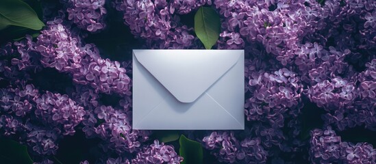 Poster - Mother's Day white envelope on a bed of spring lilac flowers minimalist flat lay design for elegant greeting card concept