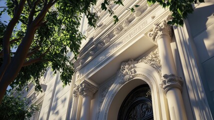 Poster - Elegant architectural facade of an academy showcasing intricate details framed by lush greenery under soft sunlight.