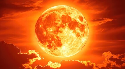Aufkleber - Vivid full moon illuminating the night sky surrounded by dramatic orange clouds at dusk