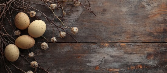 Poster - Easter eggs and twigs arranged on aged wooden surface with natural textures space for greeting or festive message background