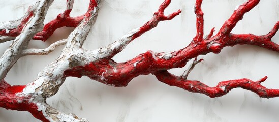 Poster - Painted dry branches in vibrant red and white against a light marble background showcasing artistic texture and color contrast.