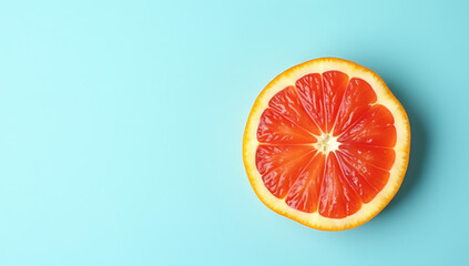 Poster - A vibrant red orange slice is placed on a calming blue background for a refreshing food and drink concept._00001_