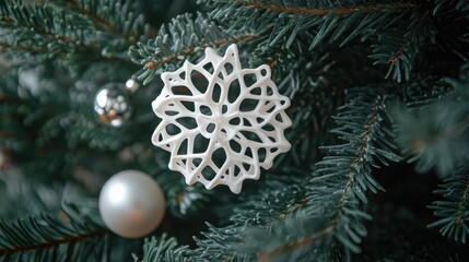 Aufkleber - Christmas tree decorated with ornaments and a white snowflake on spruce branches showcasing a festive winter celebration with copy space