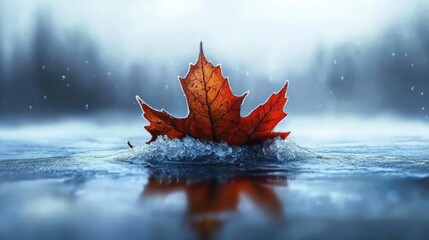 Poster - Autumn Leaf Frozen in Ice with Soft Background and Blurred Nature Scene