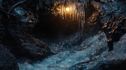 Poster - Icicles hanging from twigs illuminated by a headlamp above a rushing stream with foamy water creating a serene winter landscape