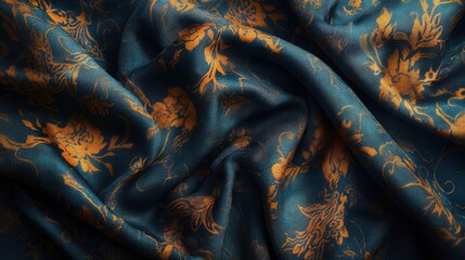Poster - Detailed close-up of richly textured fabric with floral patterns showcasing teal and gold hues ideal for upholstery or fashion design projects