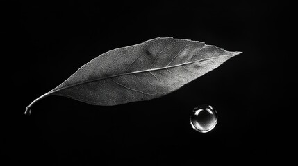 Poster - Elegant black and white composition of a leaf with a single water droplet on dark background symbolizing nature's beauty and serenity