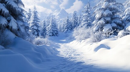 Poster - Serene winter landscape featuring a snow-covered path winding through tall pine trees under a bright blue sky