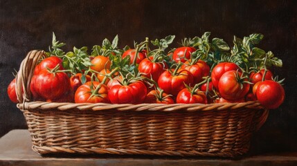Aufkleber - basket of ripe red tomatoes with green leaves on a rustic wooden surface against a dark background