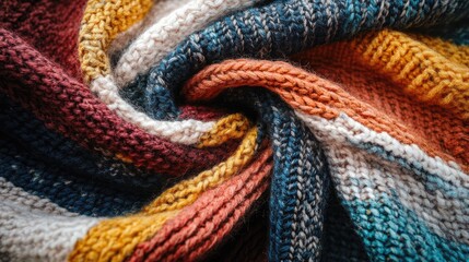 Poster - Colorful close-up of a knitted fabric showcasing a textured pattern with various stripes in warm and cool tones. Ideal for textile design.