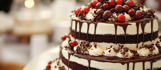 Aufkleber - Elegant layer cake with chocolate embellishments and cherries perfect for celebrations and special occasions