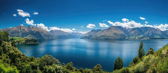 Poster - Scenic panoramic view of a tranquil lake nestled between majestic mountains under a clear blue sky with fluffy white clouds