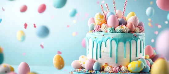 Poster - Easter celebration cake decorated with colorful eggs and festive confetti in a vibrant spring-themed setting.
